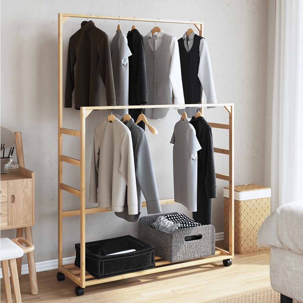 Clothes rack with shelves and wheels 90x35x155 cm bamboo