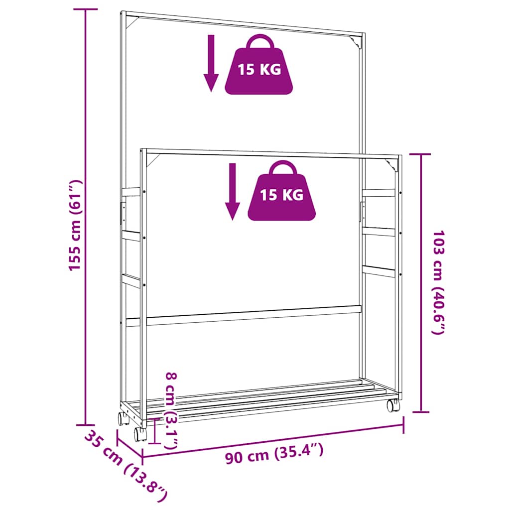 Clothes rack with shelves and wheels 90x35x155 cm bamboo
