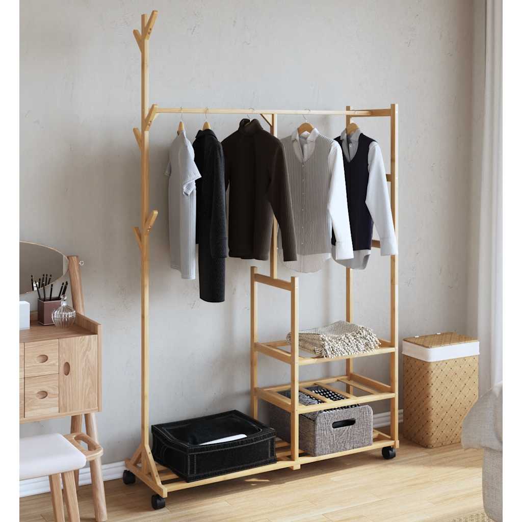 Clothes rack with shelves and wheels 100x38x175.5 cm bamboo