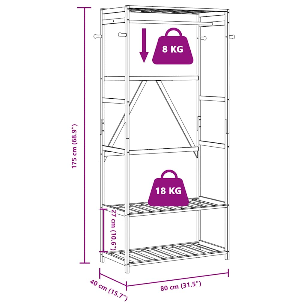 Clothes rack with shelves 80x40x175 cm bamboo