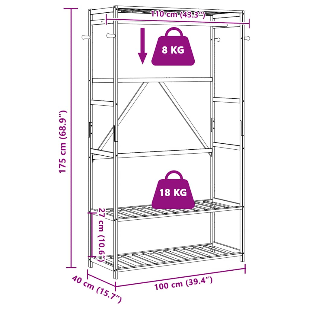 Clothes rack with shelves 110x40x175 cm bamboo