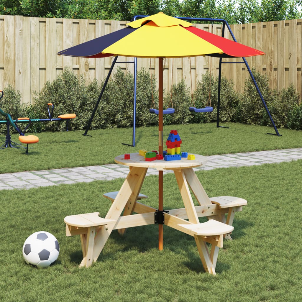 Picnic table for 4 children with umbrella hole round solid fir wood