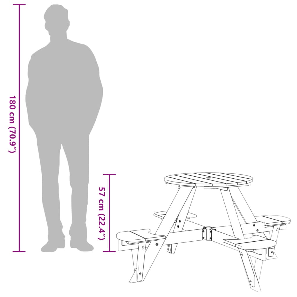 Picnic table for 4 children with umbrella hole round solid fir wood