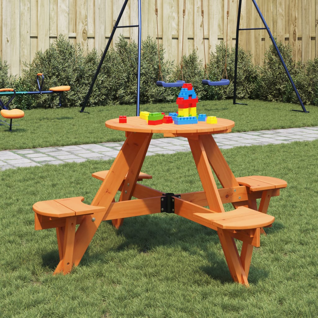 Picnic table for 4 children with umbrella hole round solid fir wood