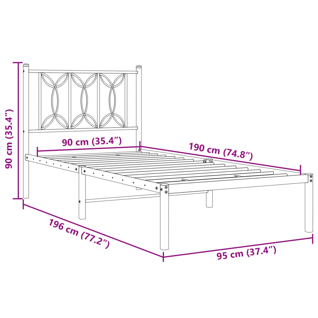 Bed frame with headboard metal black 90x190 cm