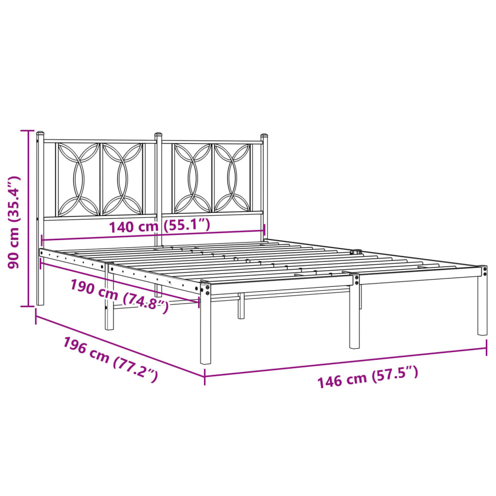 Bed frame with headboard metal black 140x190 cm