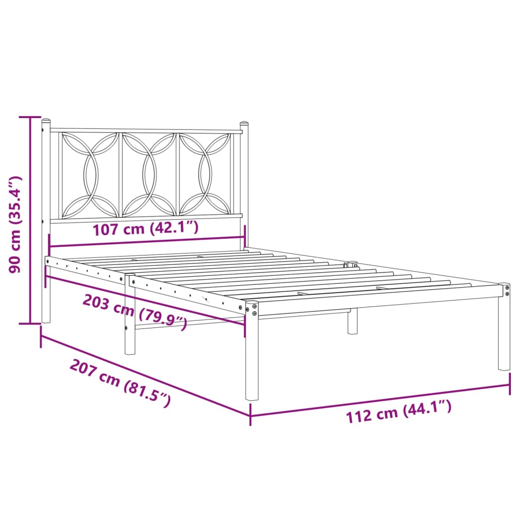 Bed frame with headboard metal white 107x203 cm