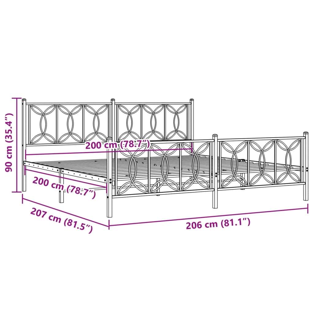 Bed frame with head and footboard metal white 200x200 cm