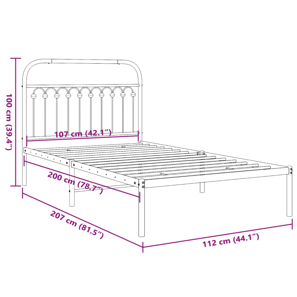 Bed frame with headboard metal black 107x203 cm