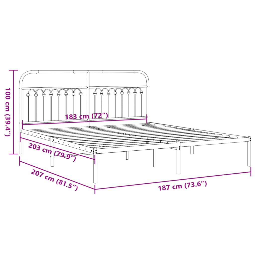 Bed frame with headboard metal black 183x203 cm