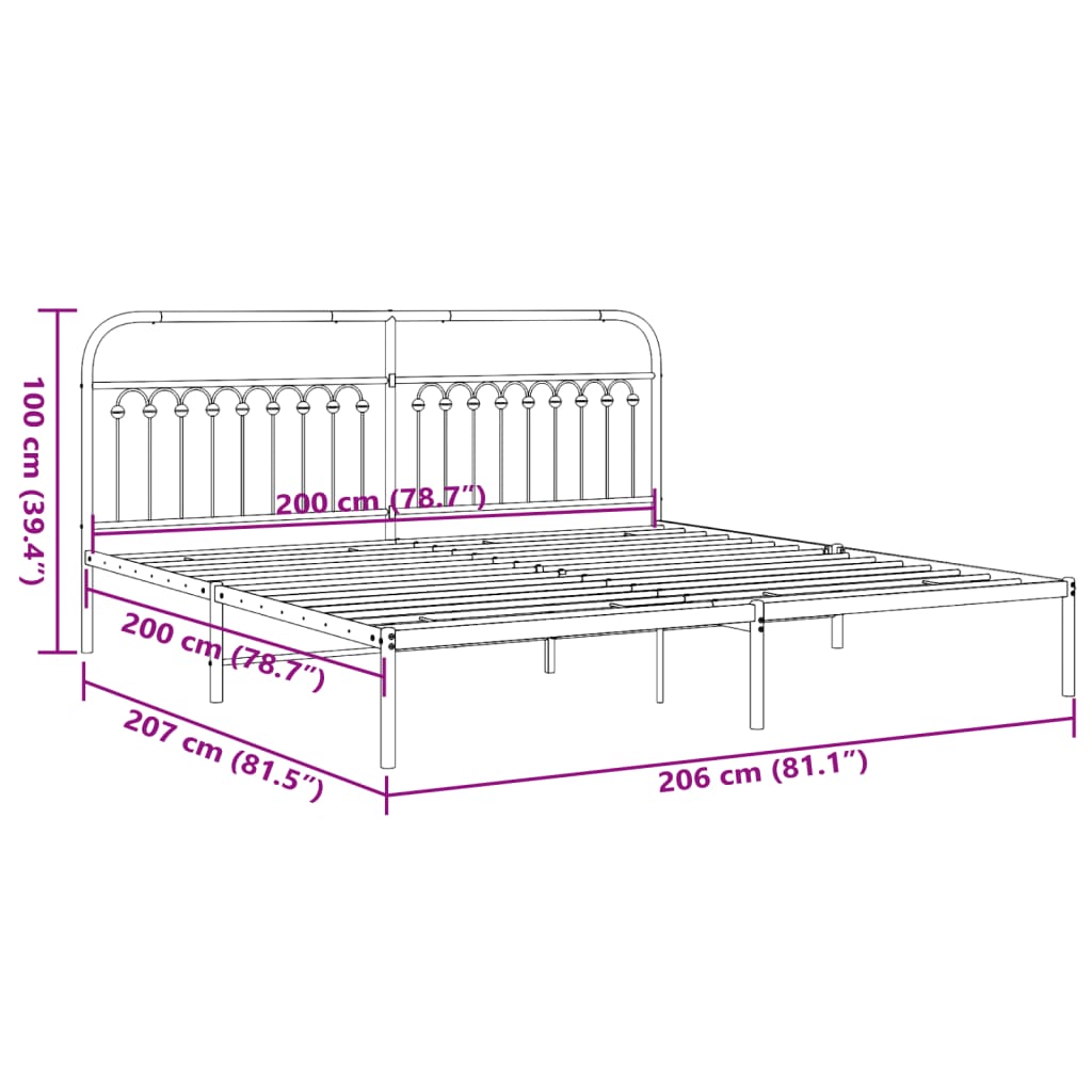 Bed frame with headboard metal black 200x200 cm