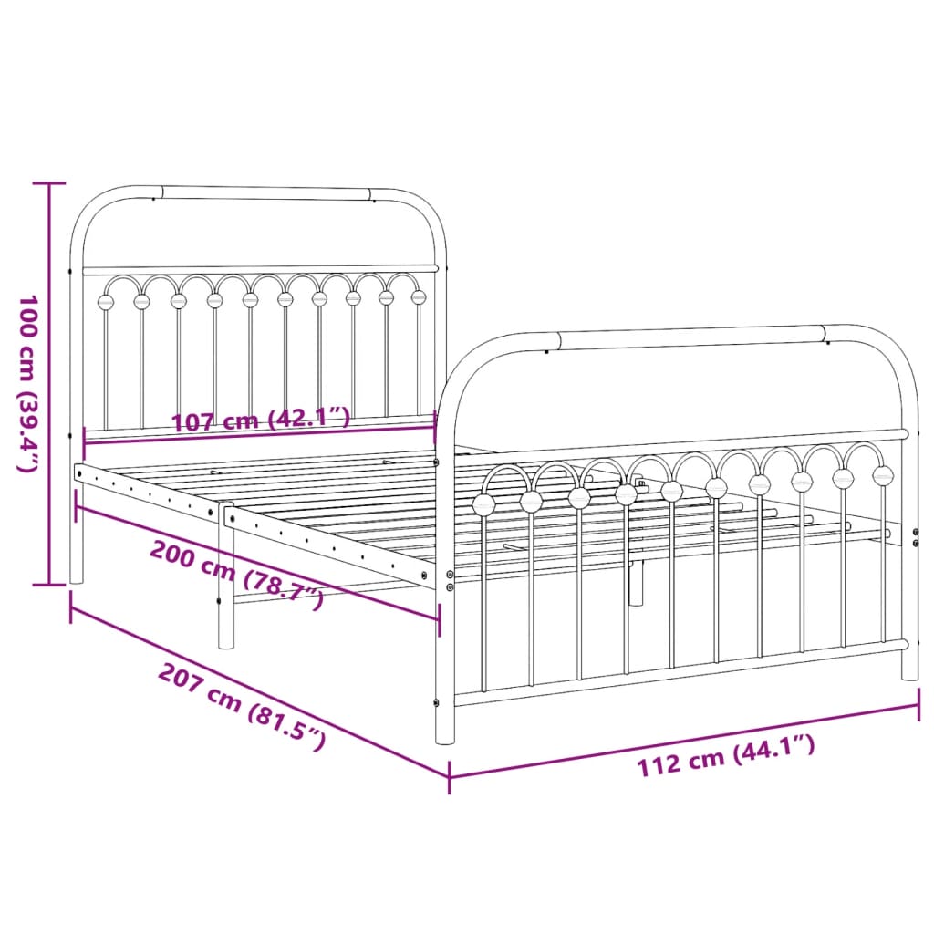 Bed frame with head and footboard metal black 107x203 cm