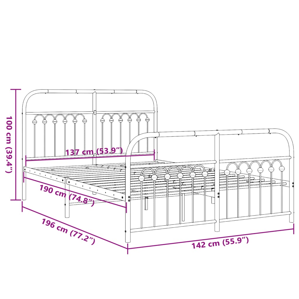 Bed frame with head and footboard metal black 137x190 cm