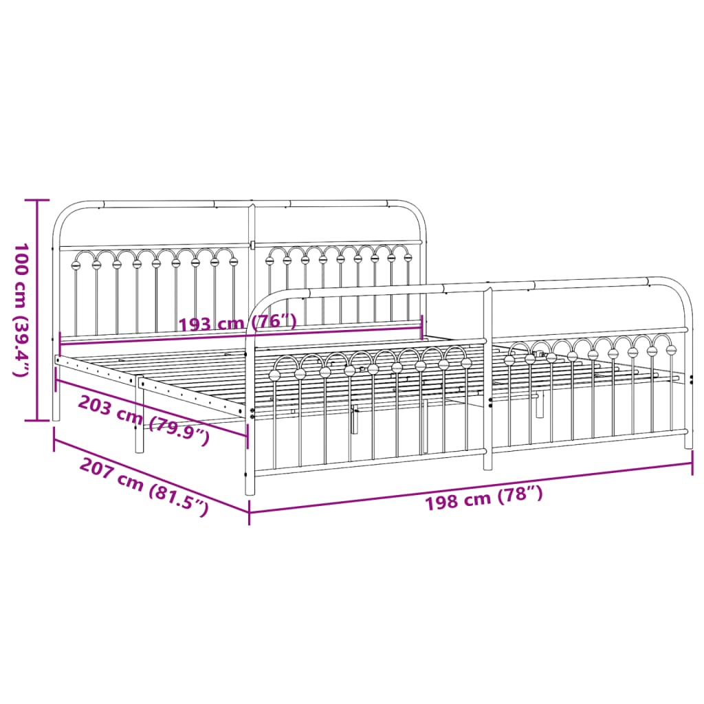 Bed frame with head and footboard metal black 193x203 cm