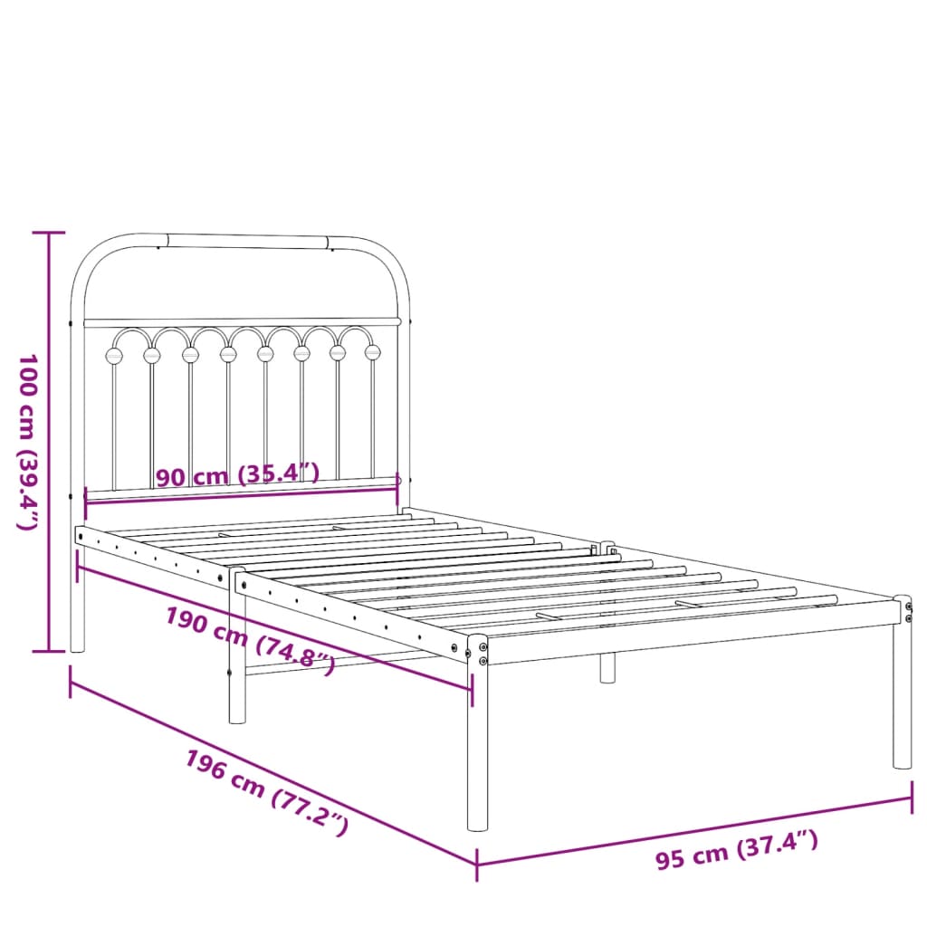 Bed frame with headboard metal white 90x190 cm