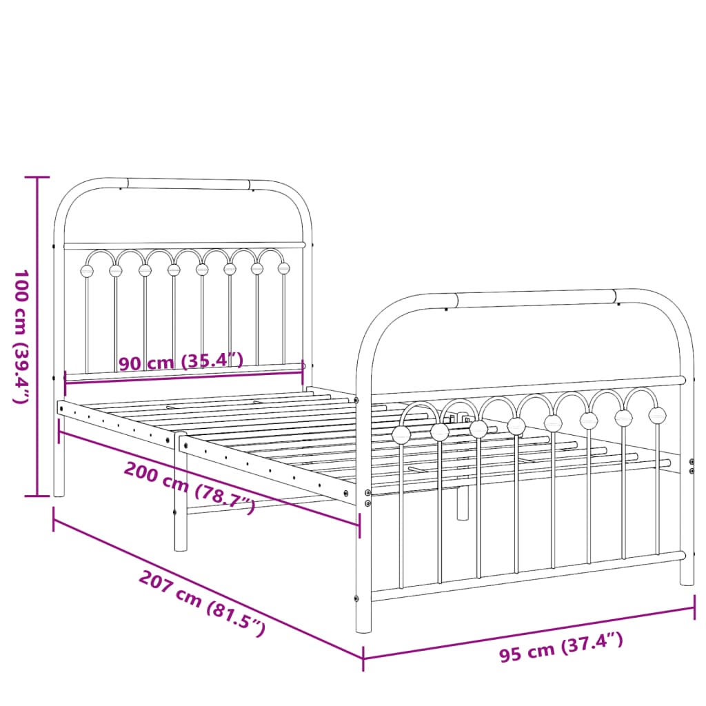 Bed frame with head and footboard metal white 90x200 cm