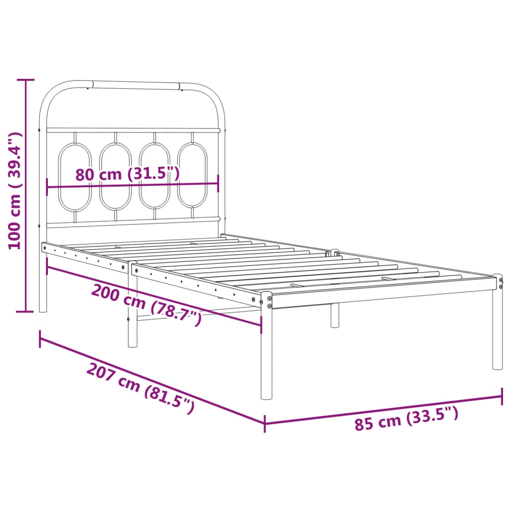Bed frame with headboard metal white 80x200 cm
