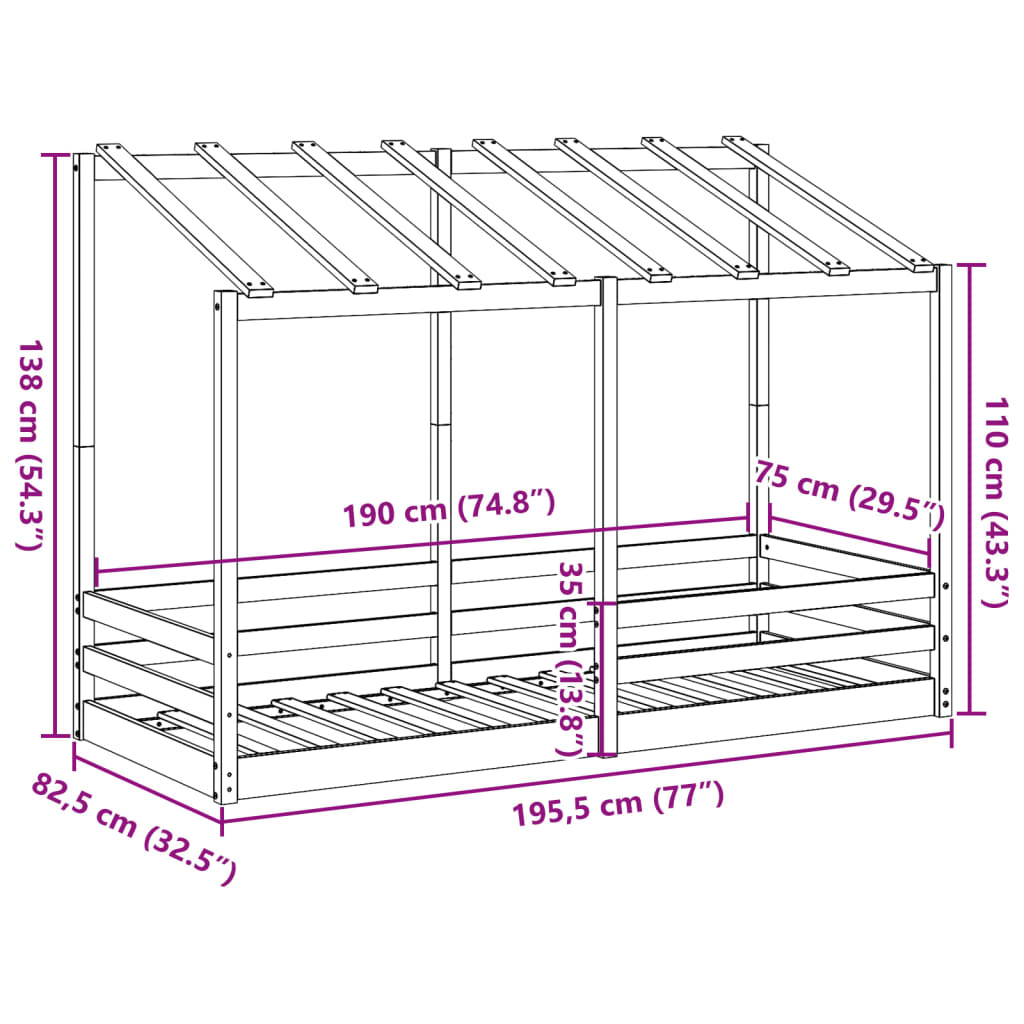 Children's bed with roof 75x190 cm solid pine wood
