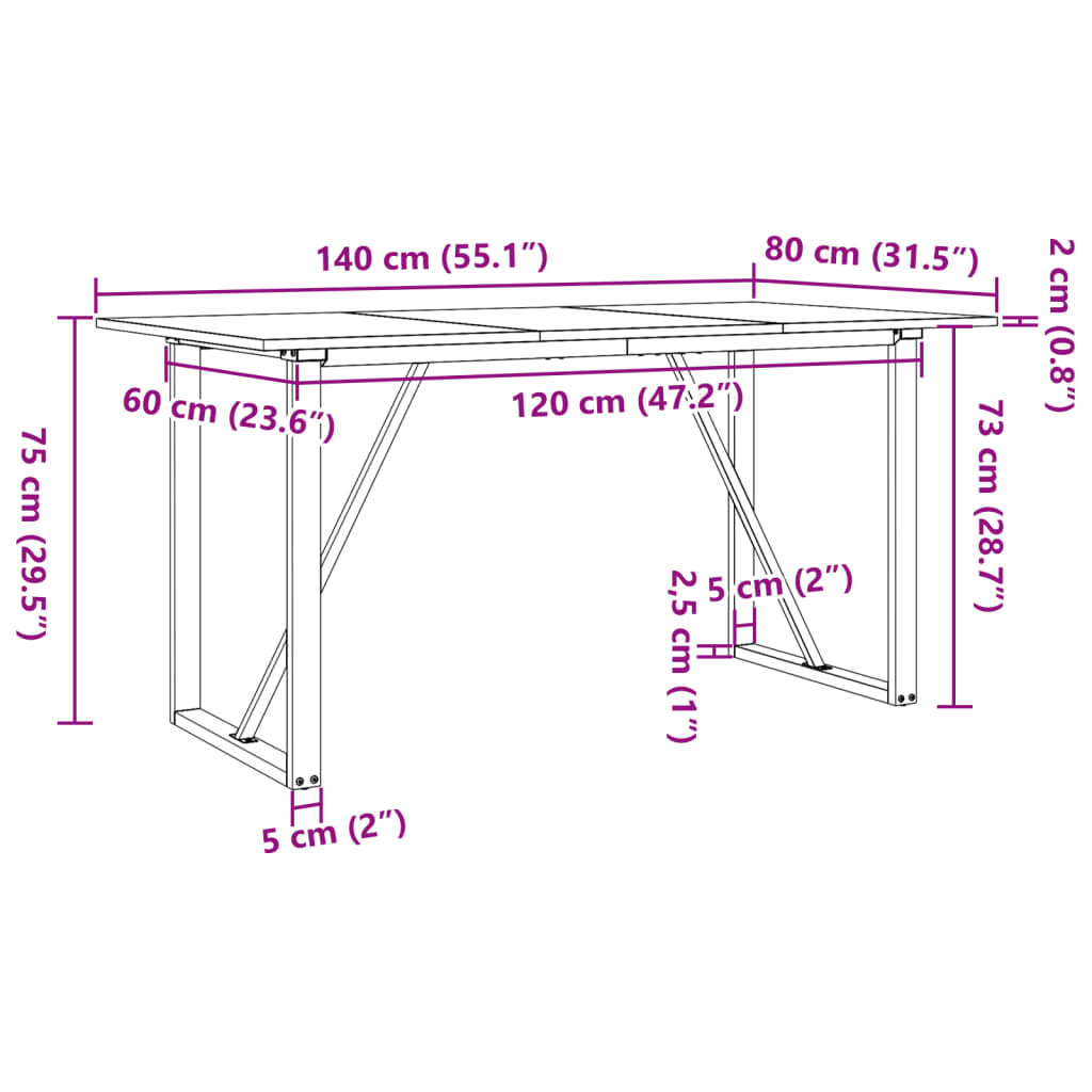 Esstisch O-Gestell 140x80x75 cm Massivholz Kiefer und Stahl