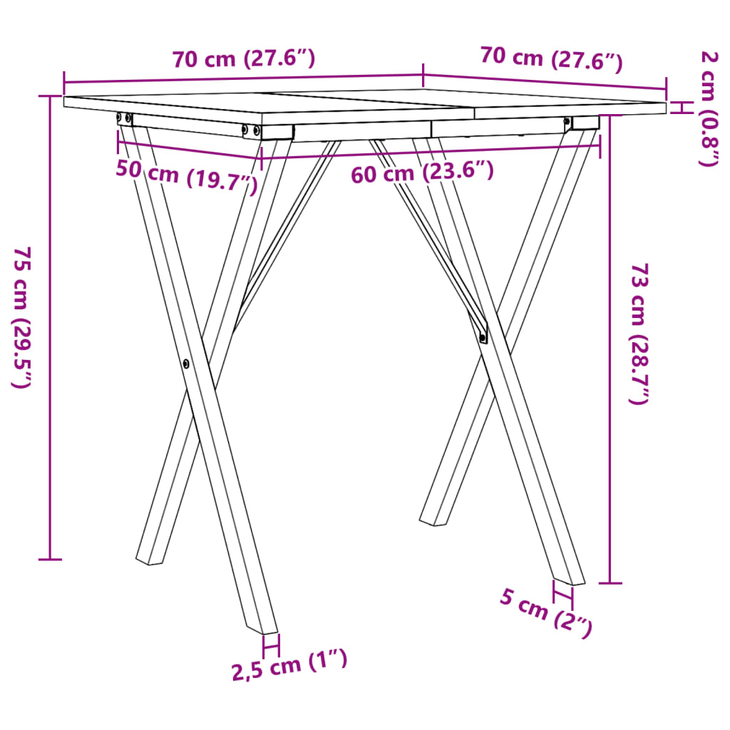 Table à manger structure en X 70x70x75 cm pin massif et acier