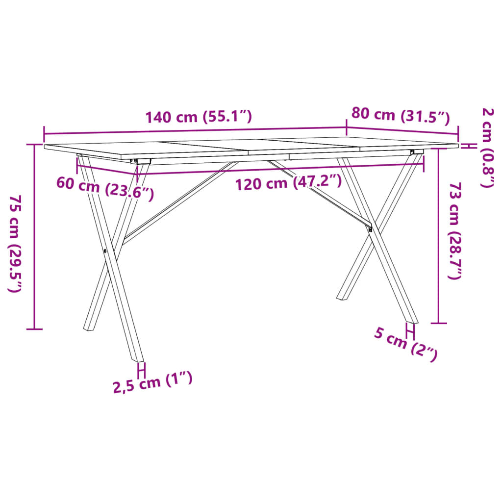 Table à manger X-frame 140x80x75 cm pin massif et acier