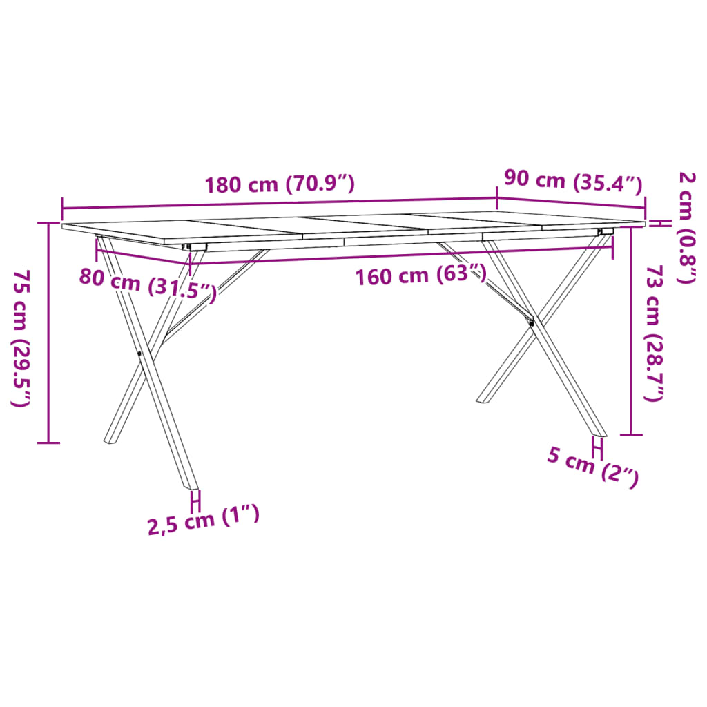 Table à manger X-frame 180x90x75 cm pin massif et acier