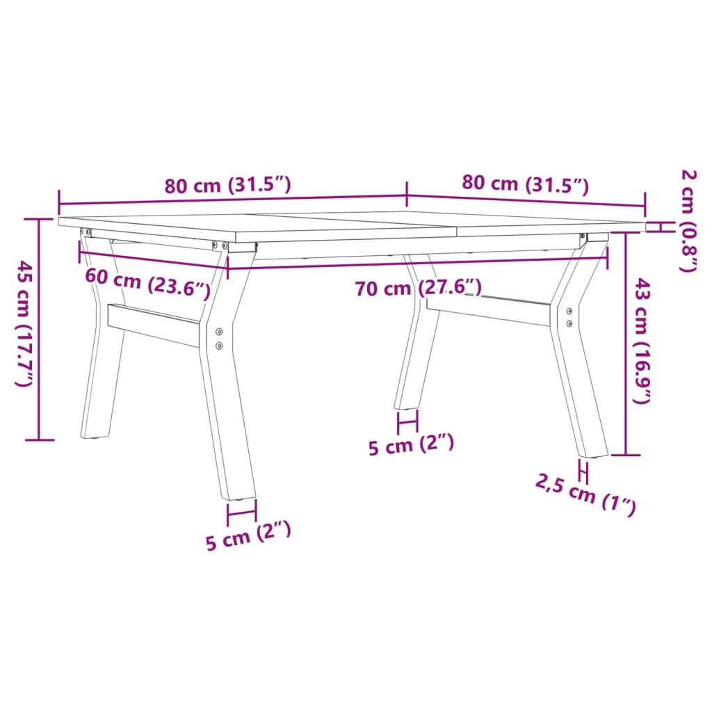 Coffee table Y-frame 80x80x45cm solid pine and cast iron