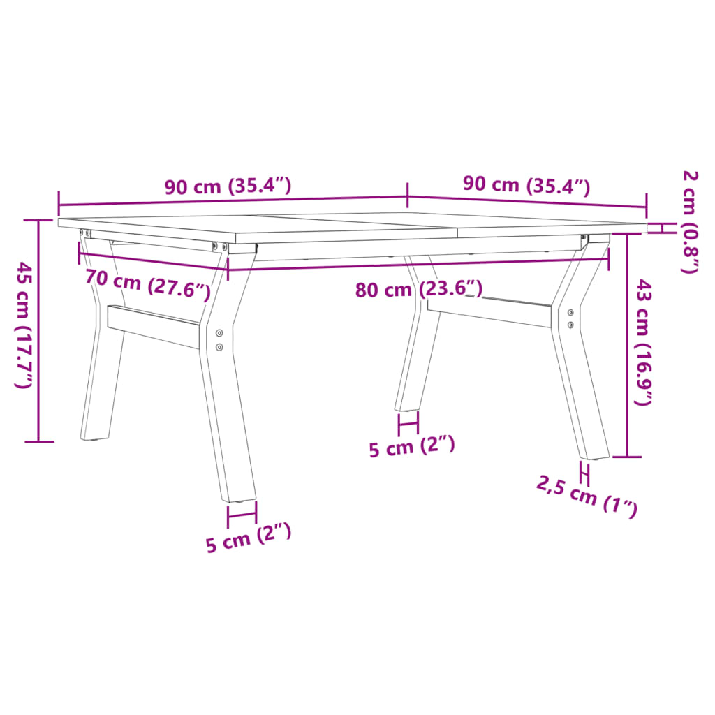 Coffee table Y-frame 90x90x45cm solid pine and cast iron