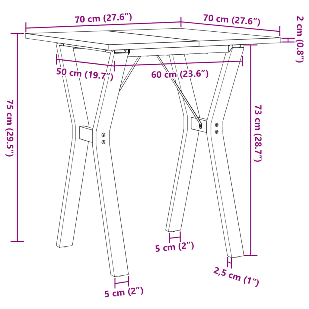 Table à manger structure en Y 70x70x75 cm pin massif et acier