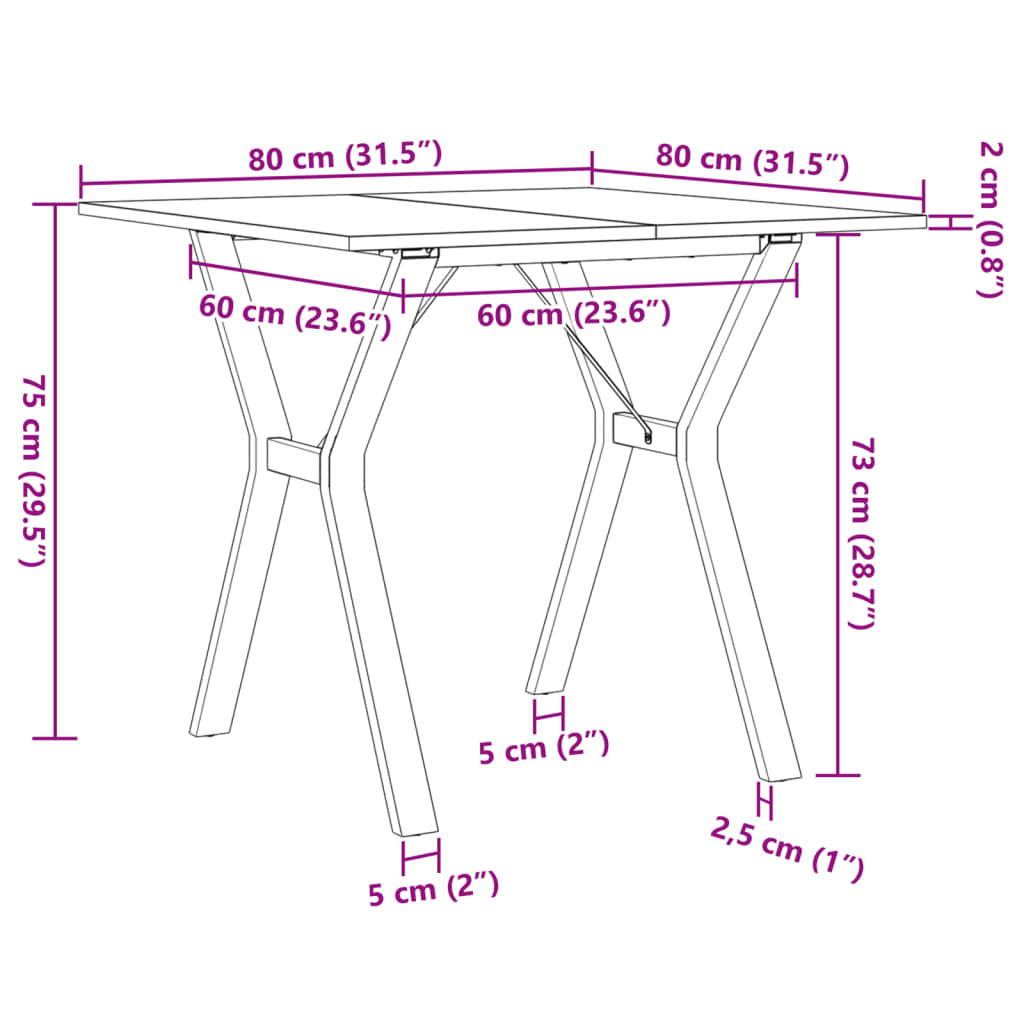 Table à manger structure en Y 80x80x75 cm pin massif et acier
