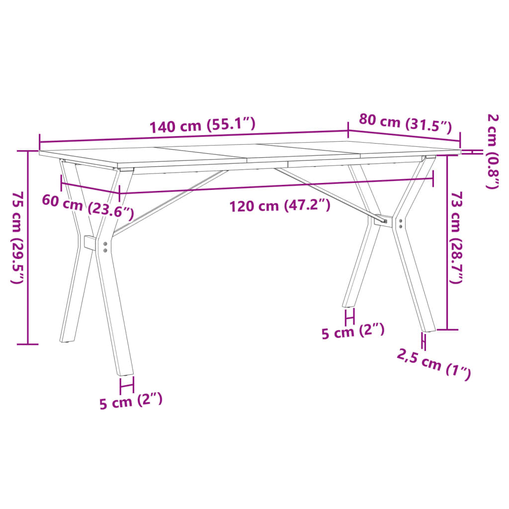 Table à manger structure en Y 140x80x75 cm pin massif et acier