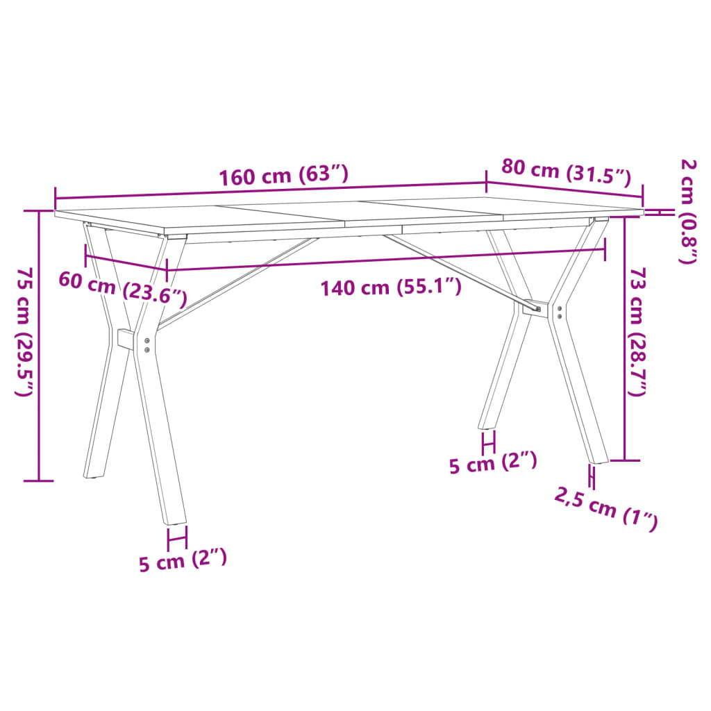 Table à manger structure en Y 160x80x75 cm pin massif et acier