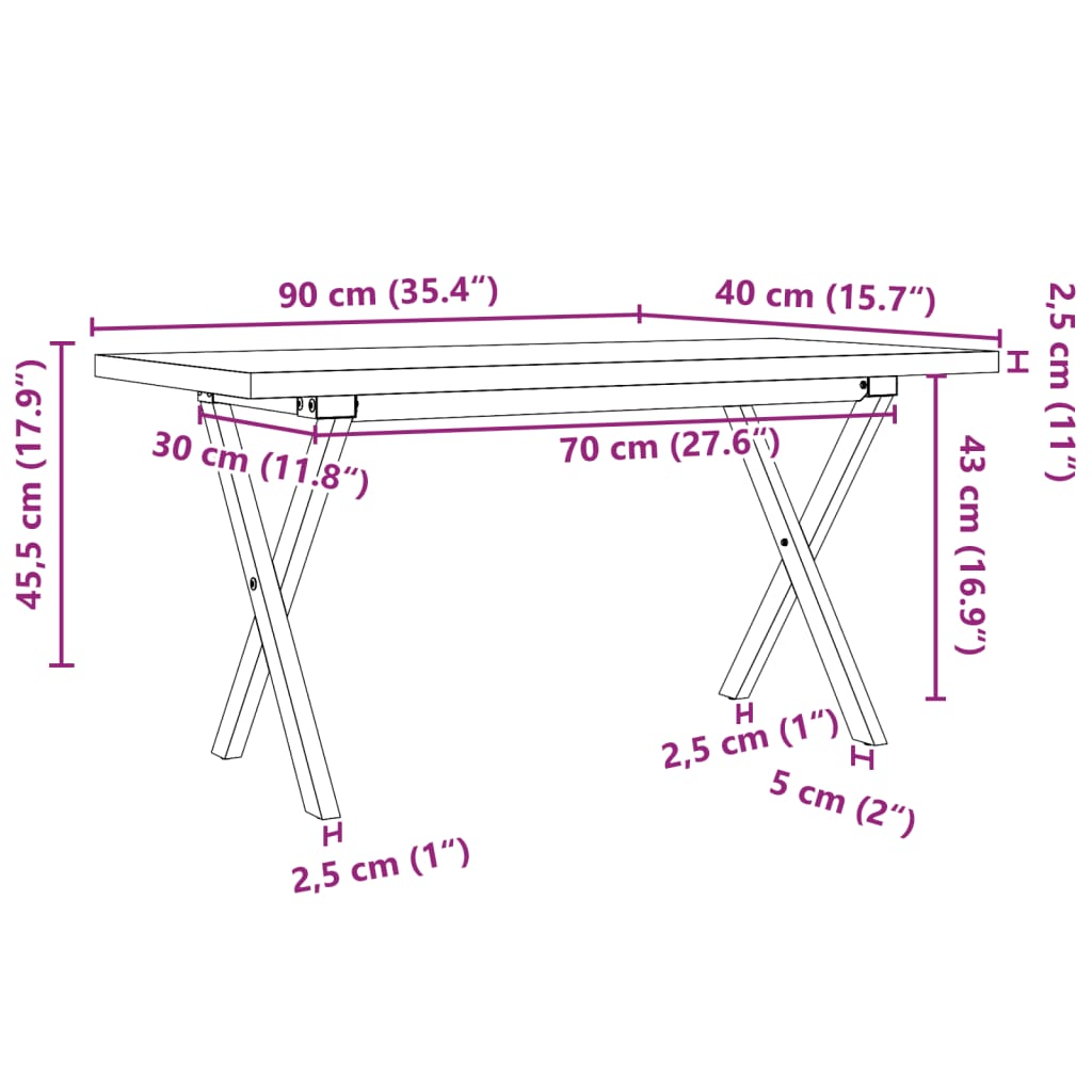 Table basse X-frame 90x40x45,5cm pin massif et acier