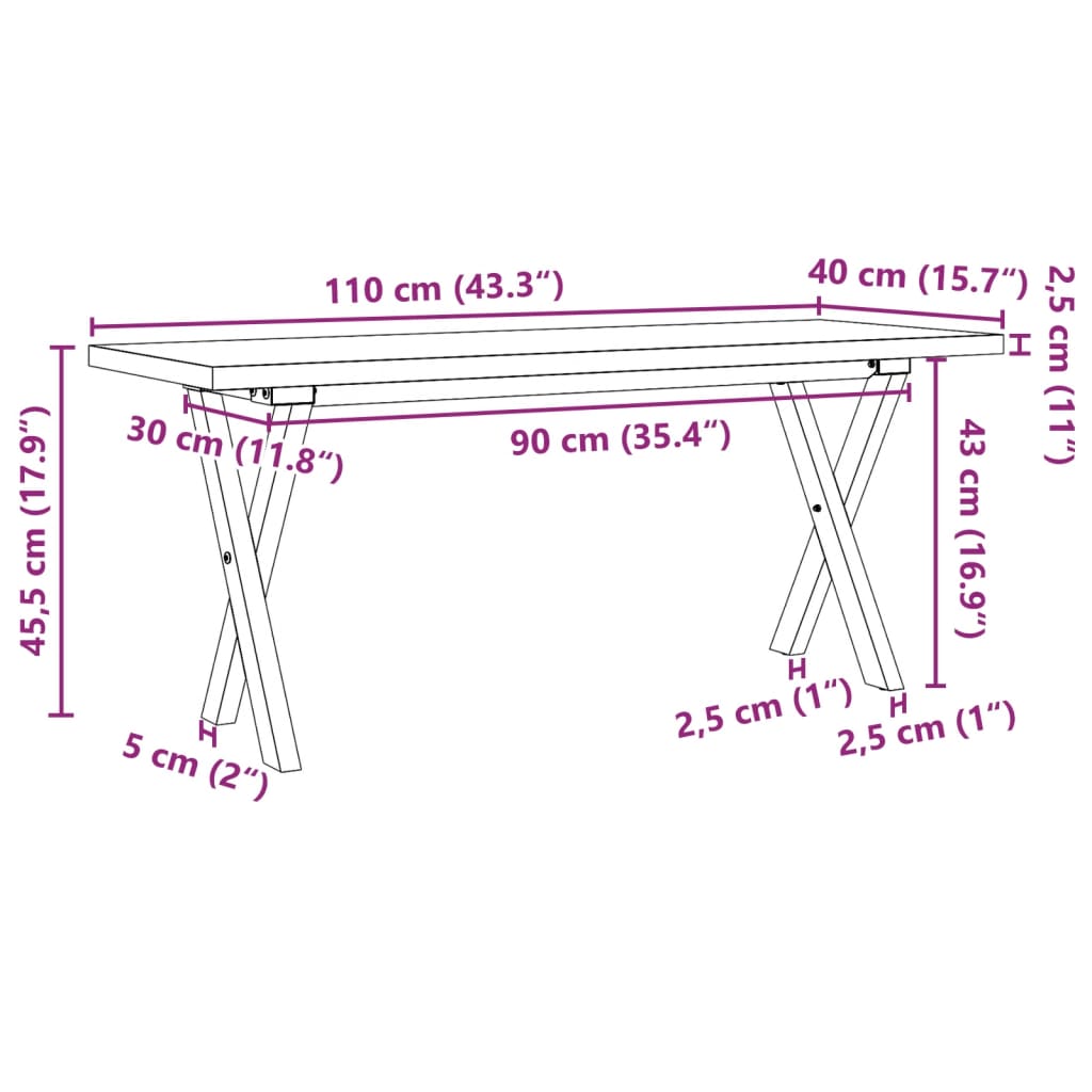 Table basse X-frame 110x40x45,5 cm pin massif acier
