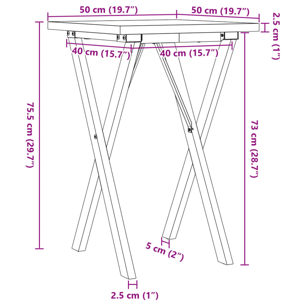 Esstisch X-Gestell 50x50x75,5cm Massivholz Kiefer und Stahl