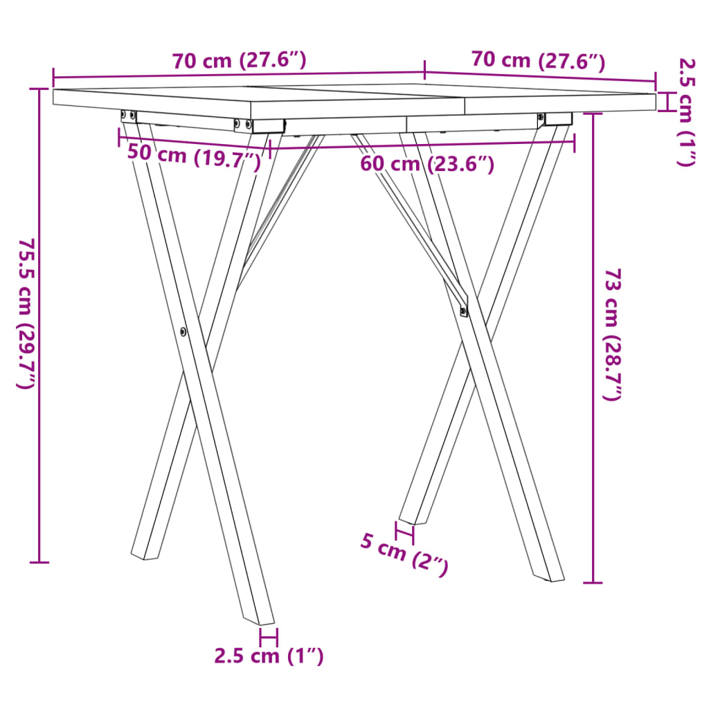 Table à manger structure en X 70x70x75,5cm pin massif et acier