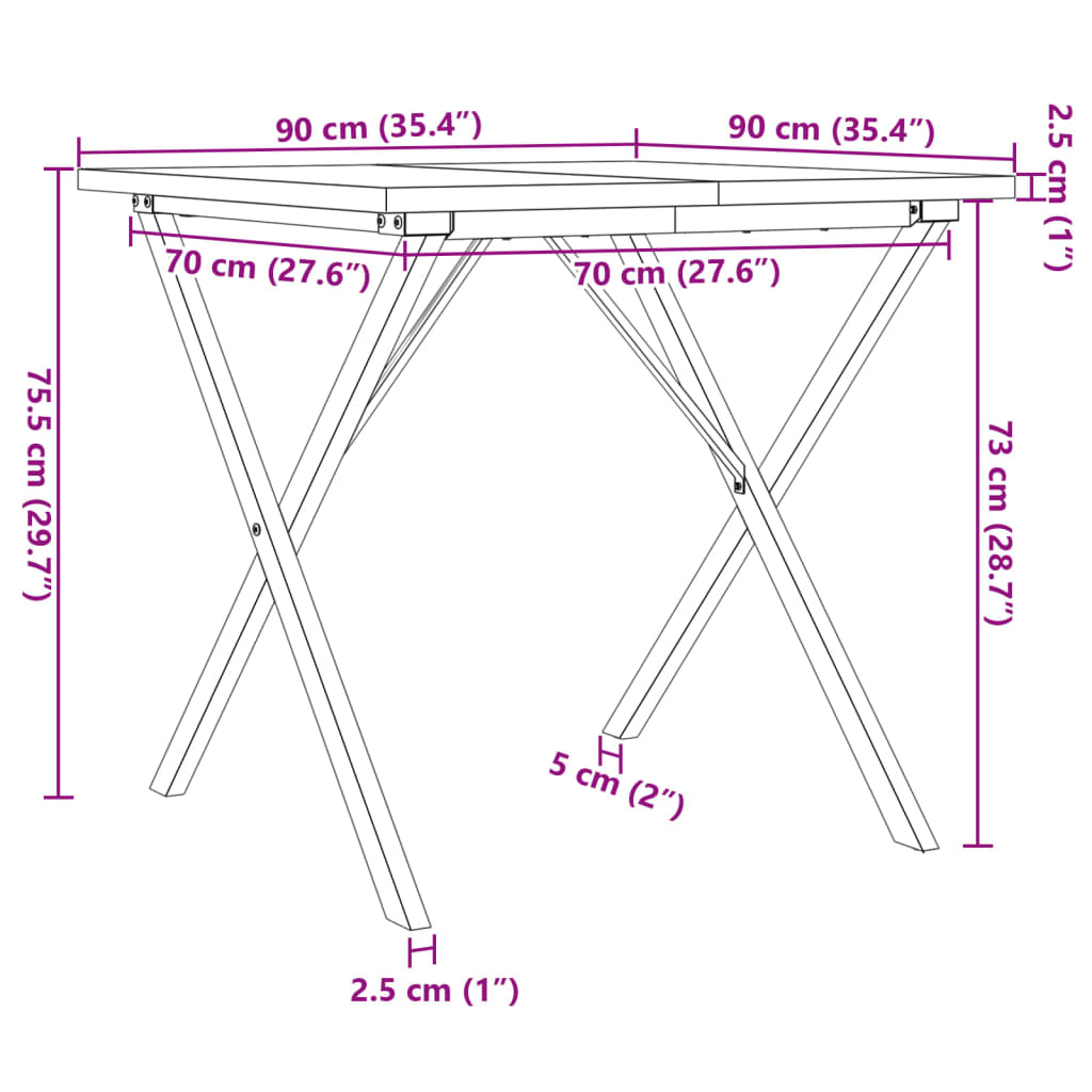 Table à manger structure en X 90x90x75,5 en pin massif et acier