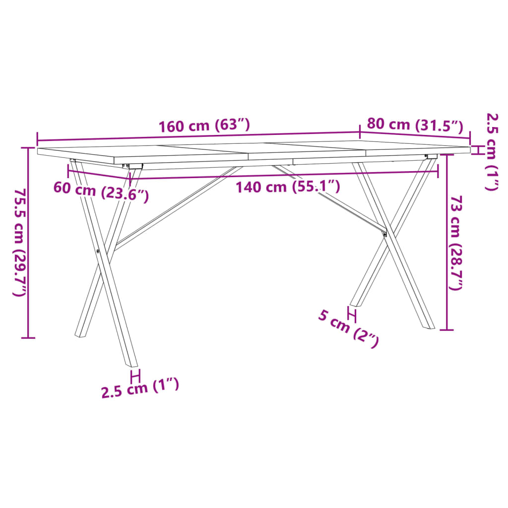 Table à manger structure en X 160x80x75,5 cm pin massif et acier