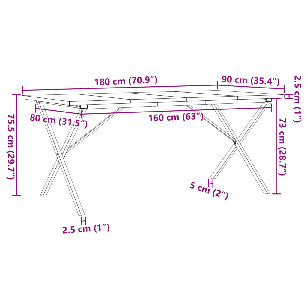 Table à manger structure en X 180x90x75,5 cm pin massif et acier