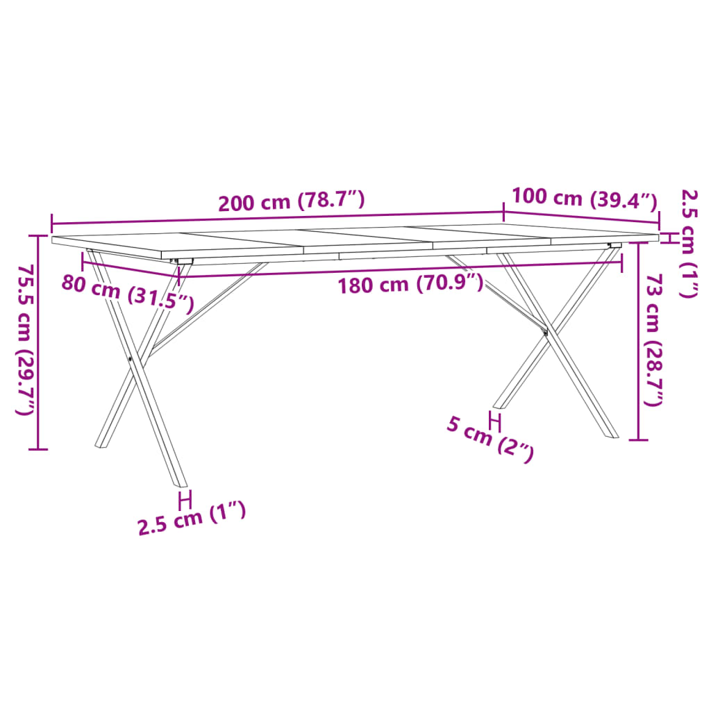 Table à manger structure en X 200x100x75,5cm pin massif et acier