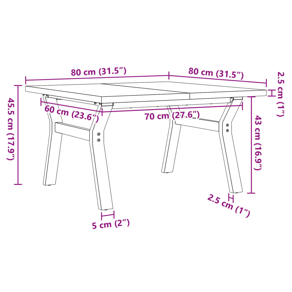 Table basse structure en Y 80x80x45,5cm pin massif et acier
