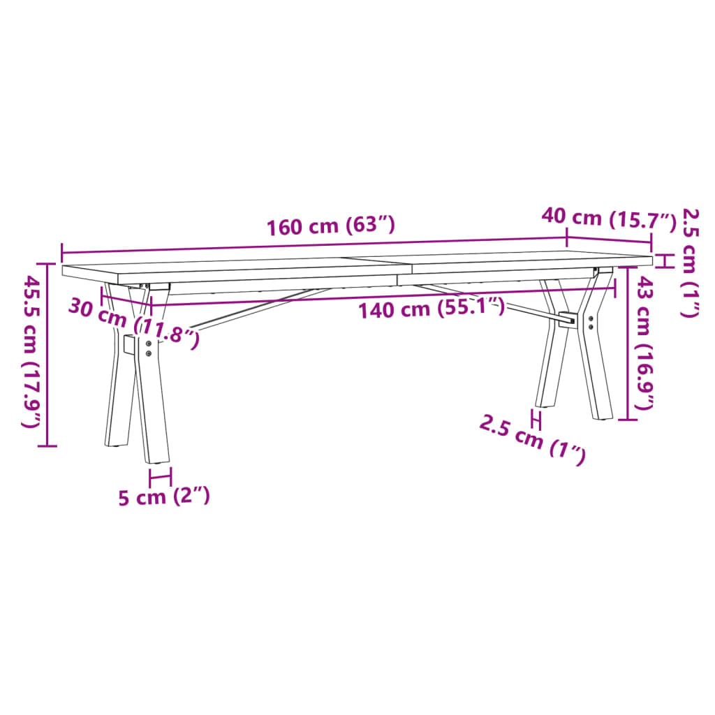Coffee table Y-frame 160x40x45.5 cm solid pine wood cast iron