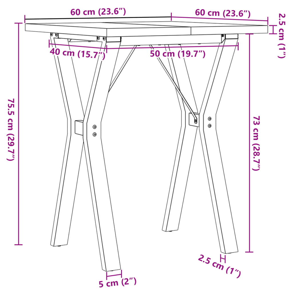 Table à manger structure en Y 60x60x75,5cm pin massif et acier