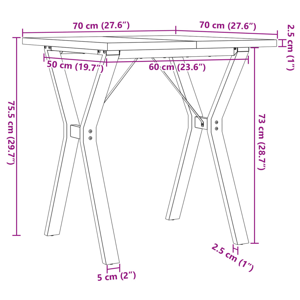 Table à manger structure en Y 70x70x75,5 cm pin massif et acier