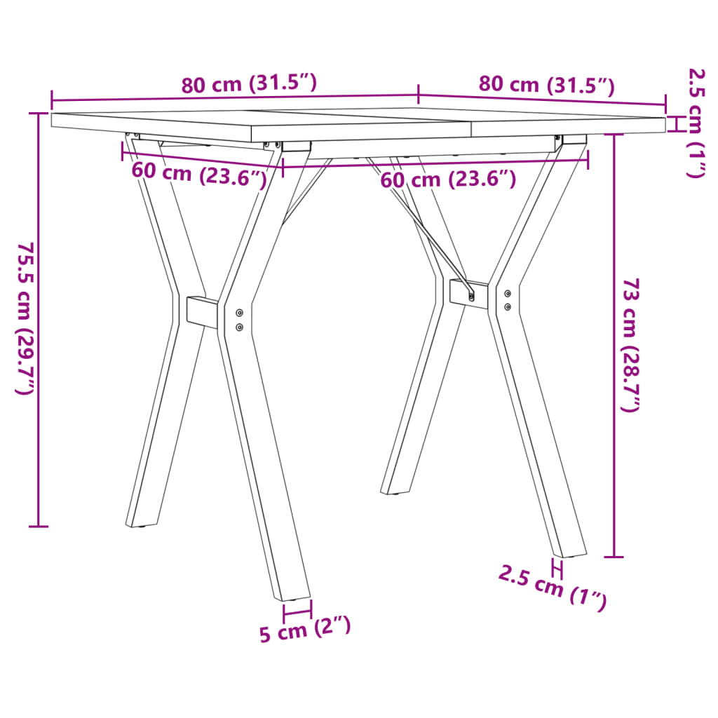 Table à manger structure en Y 80x80x75,5 cm pin massif et acier