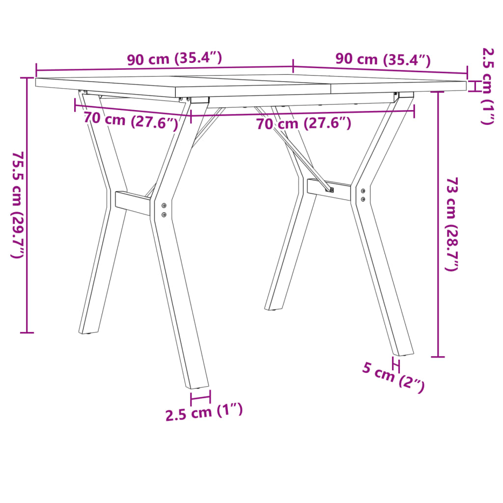 Table à manger structure en Y 90x90x75,5 en pin massif et acier