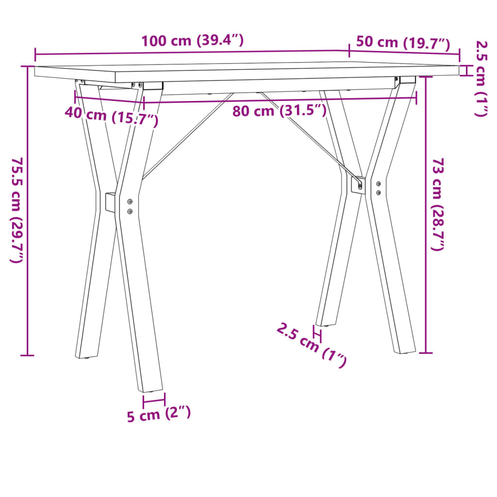 Table à manger structure en Y 100x50x75,5 cm pin massif et acier