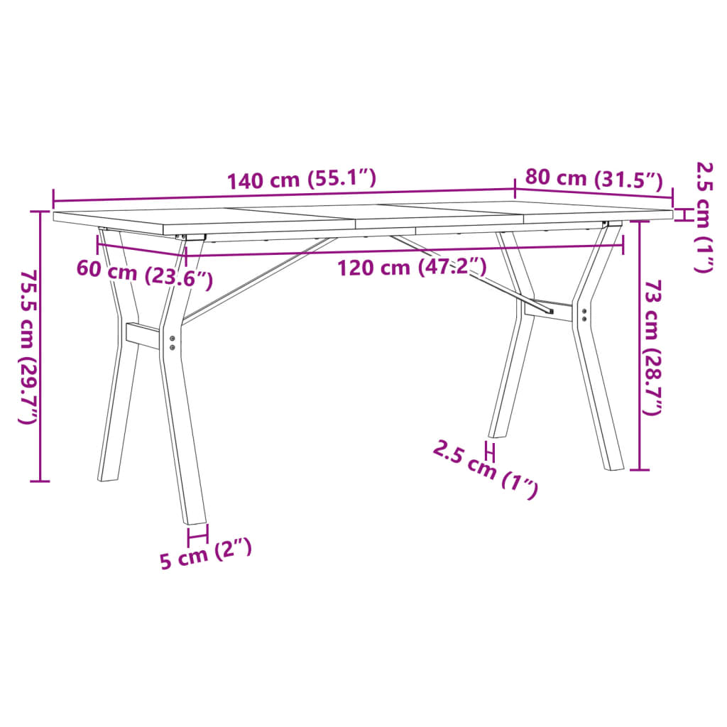 Table à manger structure en Y 140x80x75,5 cm pin massif et acier