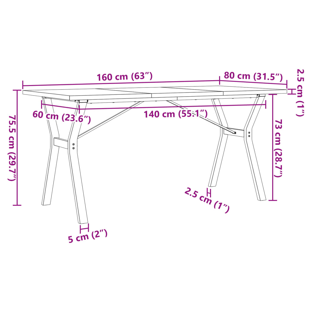 Table à manger structure en Y 160x80x75,5 cm pin massif et acier
