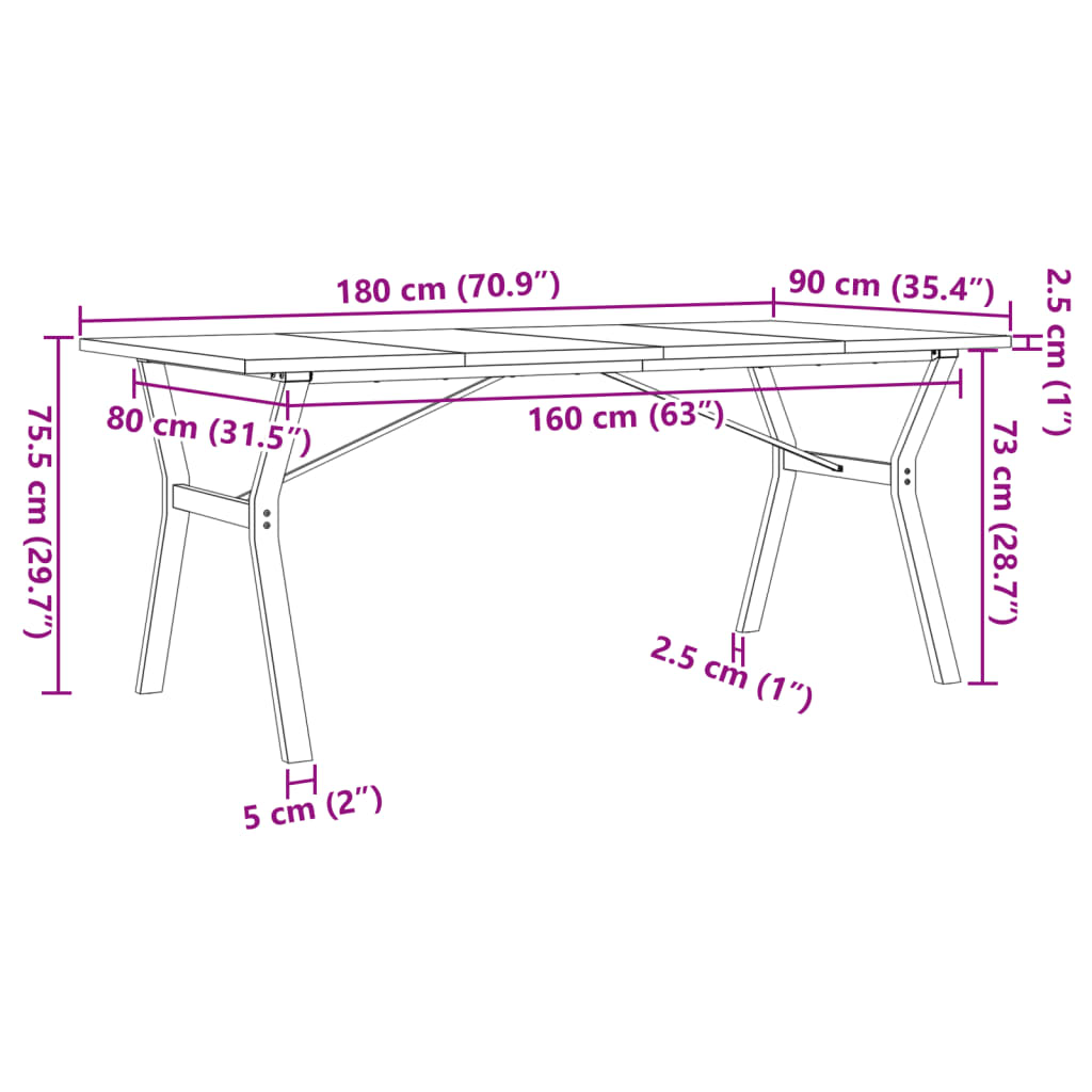 Table à manger structure en Y 180x90x75,5 cm pin massif et acier
